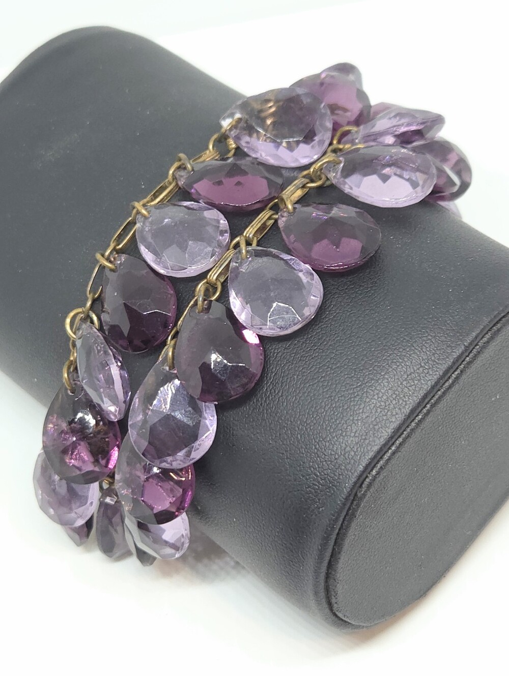 * Vintage MCM 2 Strand Purple Glass Briolette Beads Box Clasp Bracelet